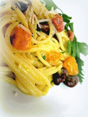 Zdjęcie - Spaghetti carbonara z dynią i czerwoną fasolką - Przepisy kulinarne ze zdjęciami