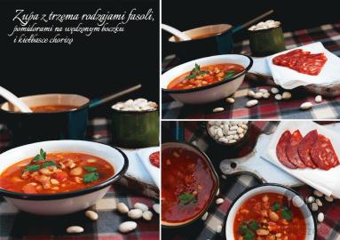 Zdjęcie - Zupa z trzema rodzajami fasoli, pomidorami na wędzonym boczku i  kiełbasce chorizo - Przepisy kulinarne ze zdjęciami