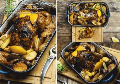Zdjęcie - Pieczony cytrynowy kurczak w soku jabłkowym z rozmarynem i miodem  gryczanym oraz pieczonymi ziemniakami - Przepisy kulinarne ze zdjęciami
