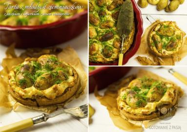 Zdjęcie - Tarta z młodych ziemniaczków z boczkiem i koperkiem z sosem vinaigrette - Przepisy kulinarne ze zdjęciami