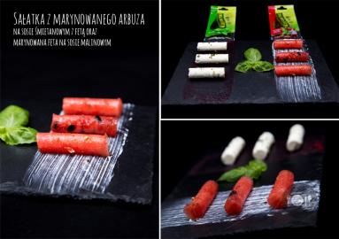 Zdjęcie - Sałatka z marynowanego arbuza na sosie śmietanowym z fetą oraz  marynowana feta na sosie malinowym - Przepisy kulinarne ze zdjęciami