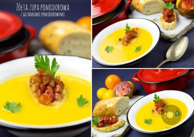 Zdjęcie - Żółta zupa pomidorowa z grzankami pomidorowymi - Przepisy kulinarne ze zdjęciami