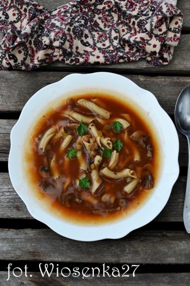 Zdjęcie - Jesienna zupa z soczewicą, makaronem i pieczarkami - Przepisy kulinarne ze zdjęciami