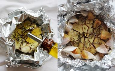 Zdjęcie - Krem z pieczonego czosnku z jabłkowymi grzankami i oliwą kolendrową - Przepisy kulinarne ze zdjęciami