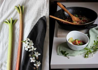 Zdjęcie - Sezon na rabarbar: Strir fry z rabarbarem, wołowiną i granatem - Przepisy kulinarne ze zdjęciami