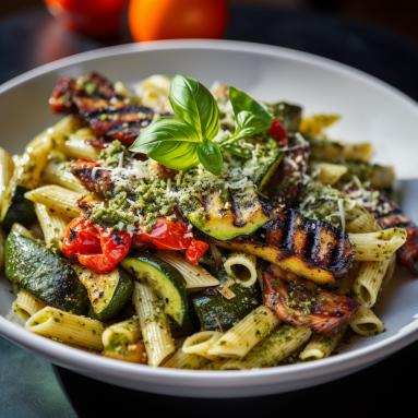 Zdjęcie - Makaron z sosem pesto i grillowanymi warzywami - obiad w mniej niż 30 minut - Przepisy kulinarne ze zdjęciami