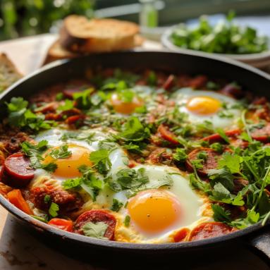 Zdjęcie - Szakszuka z Chorizo - jajka w pikantnym sosie pomidorowym - Przepisy kulinarne ze zdjęciami