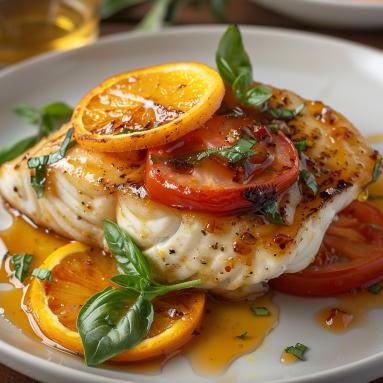 Zdjęcie - Halibut pieczony: przepis na pieczonego halibuta w sosie pomarańczowo-miodowym z pomidorami i bazylią - Przepisy kulinarne ze zdjęciami