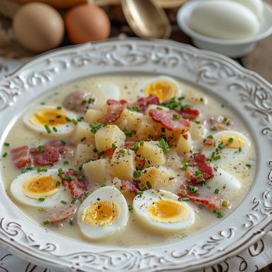 Zdjęcie - Zupa chrzanowa z jajkiem i wiejską kiełbasą na zakwasie - Przepisy kulinarne ze zdjęciami