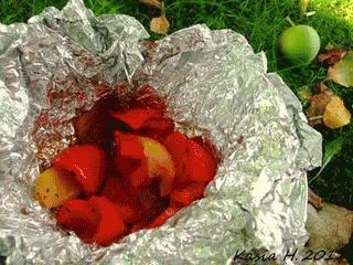 Przystawki grillowe: grillowana w foli papryka/cebula i  grillowany w foli ser feta, z suszonymi pomidorami