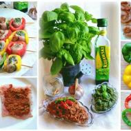 Szaszłyki z pesto i truskawki z balsamicznym , pikantnym dresingiem