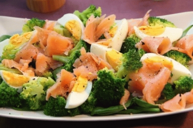 Zdjęcie - Sałatka z brokułami, wędzonym łososiem i jajkiem - Przepisy kulinarne ze zdjęciami
