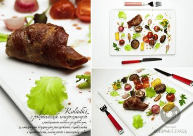 Zdjęcie - Roladki z polędwiczek wieprzowych z nadzieniem serowo-grzybowym, ze smażonymi brązowymi pieczarkami, rzodkiewką i ziemniakami, sosem porto i mieszanką sałat - Przepisy kulinarne ze zdjęciami