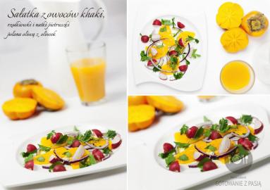 Zdjęcie - Sałatka z owoców khaki, rzodkiewki i natki pietruszki polana oliwą z  oliwek - Przepisy kulinarne ze zdjęciami