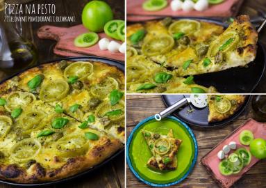Zdjęcie - Pizza na pesto z zielonymi pomidorami i oliwkami - Przepisy kulinarne ze zdjęciami