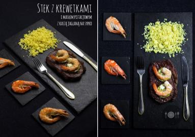 Zdjęcie - Stek z krewetkami i masłem pistacjowym z kaszą jaglaną na sypko - Przepisy kulinarne ze zdjęciami