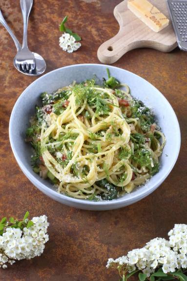 Zdjęcie - Spaghetti Carbonara ze szparagami - Przepisy kulinarne ze zdjęciami