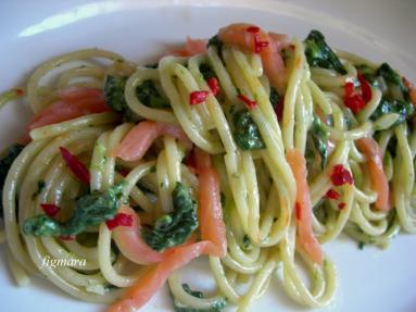 Zdjęcie - Spaghetti  z wędzonym łososiem, szpinakiem  i chili w śmietanowym sosie - Przepisy kulinarne ze zdjęciami