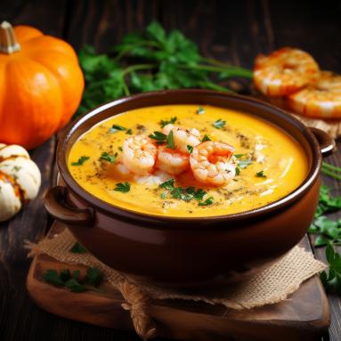 Zdjęcie - Kremowa zupa z dyni z krewetkami - Przepisy kulinarne ze zdjęciami