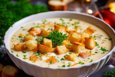 Zdjęcie - Kremowa zupa rybna z grzankami na Wigilię - Przepisy kulinarne ze zdjęciami