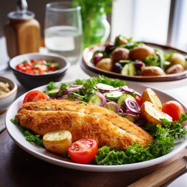 Zdjęcie - Filet z dorsza smażony w panierce z egzotyczną sałatką grecką - Przepisy kulinarne ze zdjęciami