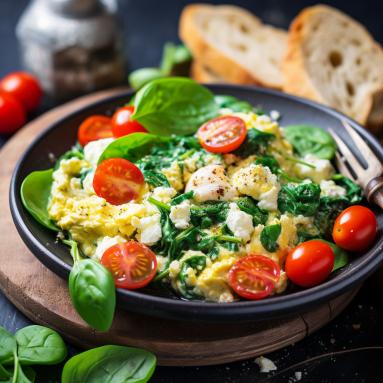 Zdjęcie - Jajecznica na szpinaku z pomidorkami cherry i kozim serem: Śniadanie pełne smaku i energii - Przepisy kulinarne ze zdjęciami