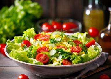 Zdjęcie - Przepis na sałatkę z sałaty rzymskiej z pomidorkami cherry, ogórkiem i kukurydzą do obiadu - Przepisy kulinarne ze zdjęciami