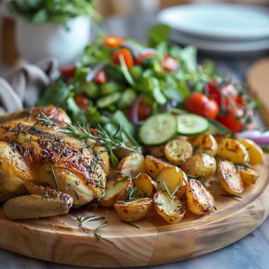 Zdjęcie - Przepis na niedzielny obiad: Pieczony kurczak z ziołami, pieczone ziemniaki i sałatka z sezonowych warzyw - Przepisy kulinarne ze zdjęciami