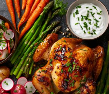 Zdjęcie - Pieczony kurczak z młodymi warzywami i sałatką z rzodkiewki i ogórka - idealny obiad na wiosenne dni - Przepisy kulinarne ze zdjęciami