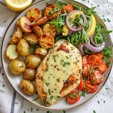 Zdjęcie - Kurczak w kremowym sosie cytrynowo-czosnkowym z pieczonymi warzywami i sałatką z rukoli - Przepisy kulinarne ze zdjęciami