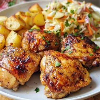 Zdjęcie - Pieczone udka kurczaka z ziemniakami i sałatką z kapusty - Przepisy kulinarne ze zdjęciami