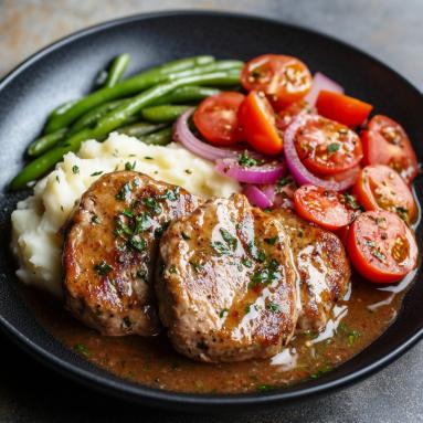 Zdjęcie - Steki z karkówki w sosie z tymiankiem pieczone w rękawie z puree ziemniaczanym, fasolką szparagową i sałatką z pomidorów i cebuli - Przepisy kulinarne ze zdjęciami