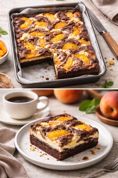 Zdjęcie - Sernik w cieście czekoladowym z brzoskwiniami - Przepisy kulinarne ze zdjęciami