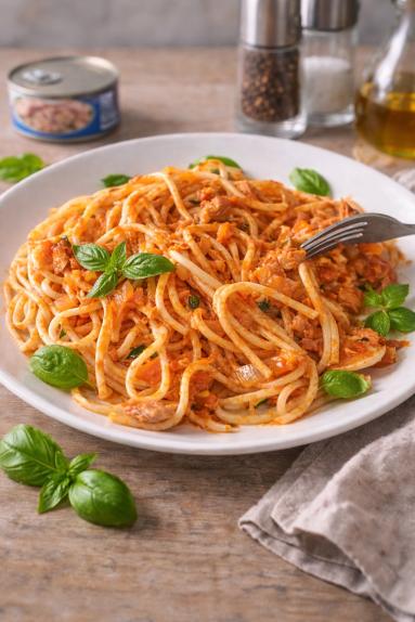 Zdjęcie - Spaghetti z tuńczykiem i pomidorami - Przepisy kulinarne ze zdjęciami