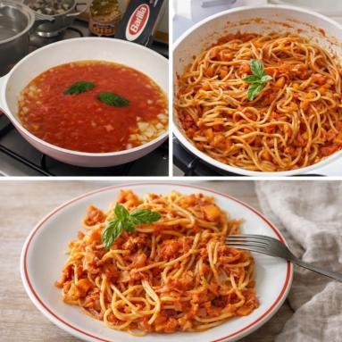 Zdjęcie - Spaghetti z tuńczykiem i pomidorami - Przepisy kulinarne ze zdjęciami