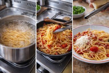 Zdjęcie - Spaghetti z pancettą i czerwoną papryką - Przepisy kulinarne ze zdjęciami