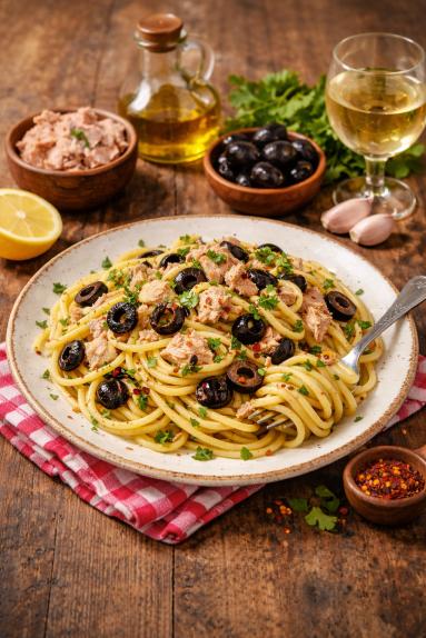 Zdjęcie: Spaghetti z tuńczykiem i oliwkami Zdjęcie - Spaghetti z tuńczykiem i oliwkami - Przepisy kulinarne ze zdjęciami