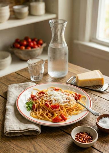 Zdjęcie - Spaghetti z pomidorkami koktajlowymi - Przepisy kulinarne ze zdjęciami
