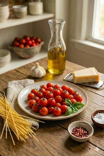 Zdjęcie - Spaghetti z pomidorkami koktajlowymi - Przepisy kulinarne ze zdjęciami