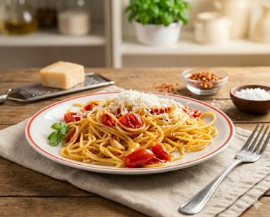 Zdjęcie - Spaghetti z pomidorkami koktajlowymi - Przepisy kulinarne ze zdjęciami