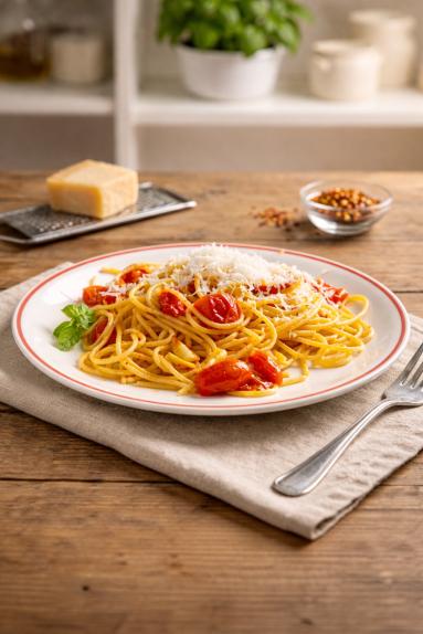 Zdjęcie - Spaghetti z pomidorkami koktajlowymi - Przepisy kulinarne ze zdjęciami