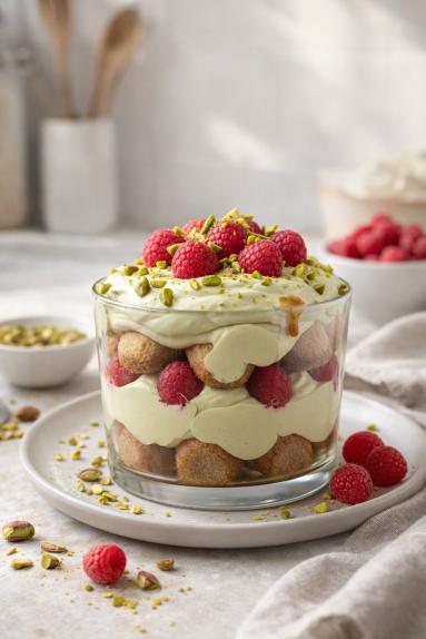 Zdjęcie - Pistacjowe tiramisu z malinami – - Przepisy kulinarne ze zdjęciami