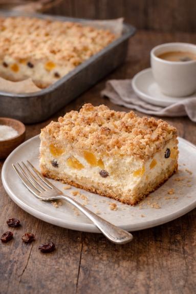 Zdjęcie - Sernik z brzoskwiniami i kruszonką - Przepisy kulinarne ze zdjęciami