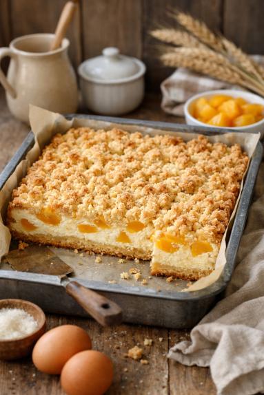 Zdjęcie - Sernik z brzoskwiniami i kruszonką - Przepisy kulinarne ze zdjęciami
