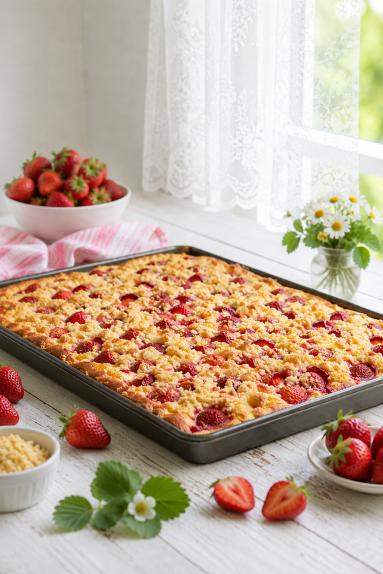 Zdjęcie: Ciasto ucierane z truskawkami ( na dużą blachę) Zdjęcie - Ciasto ucierane z truskawkami ( na dużą blachę) - Przepisy kulinarne ze zdjęciami