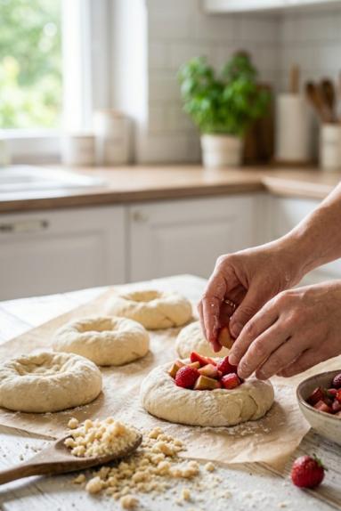 Zdjęcie - Orkiszowe  drożdż&oacute;wki z rabarbarem  i truskawkami - Przepisy kulinarne ze zdjęciami