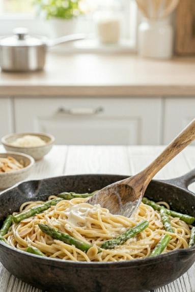 Zdjęcie - Spaghetti  ze szparagami w kremowym sosie - Przepisy kulinarne ze zdjęciami