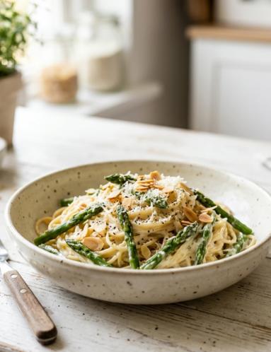 Zdjęcie - Spaghetti  ze szparagami w kremowym sosie - Przepisy kulinarne ze zdjęciami