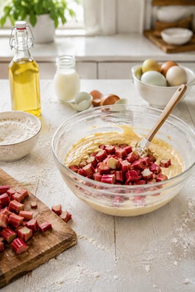 Zdjęcie - Szybkie ciasto z rabarbarem na oleju - Przepisy kulinarne ze zdjęciami