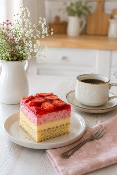 Zdjęcie - Warstwowe ciasto z truskawkami i kremem - Przepisy kulinarne ze zdjęciami